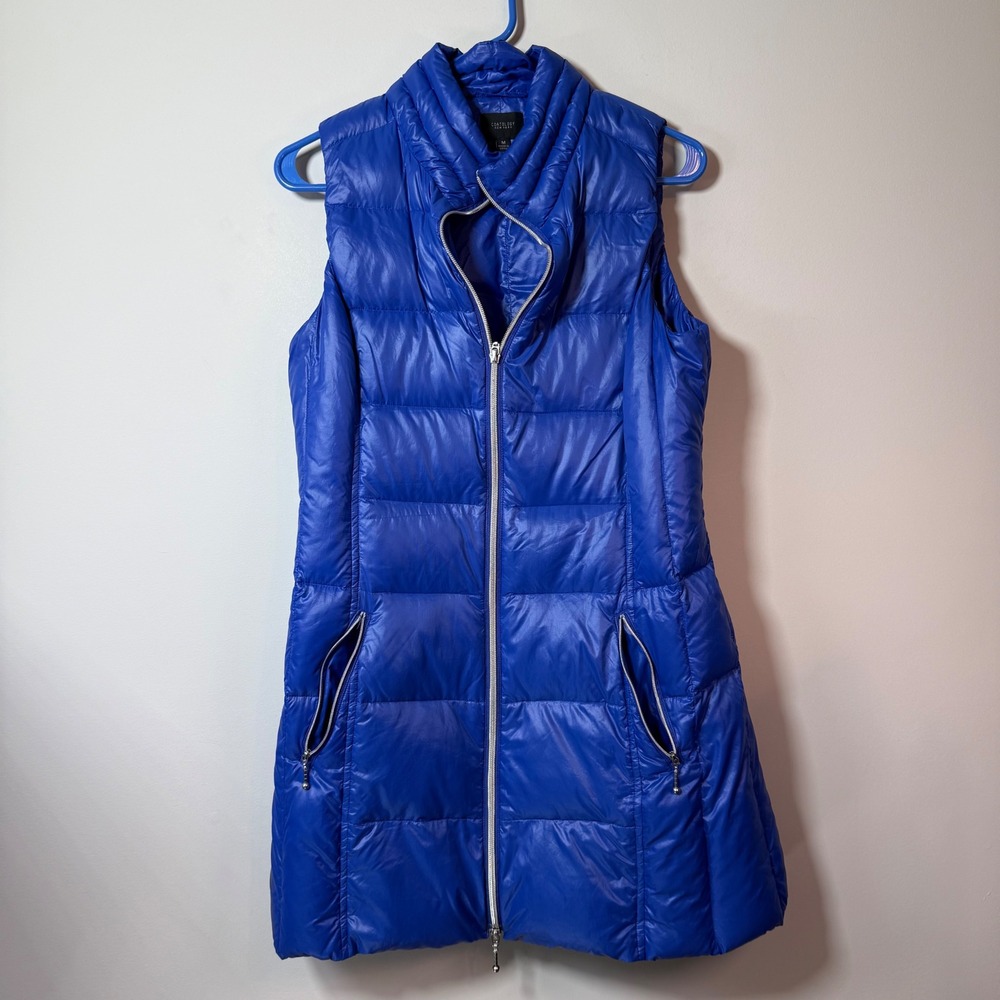 Coatology New York Puffer Vest Women M Blue Excellent Down Long Quilted Zip